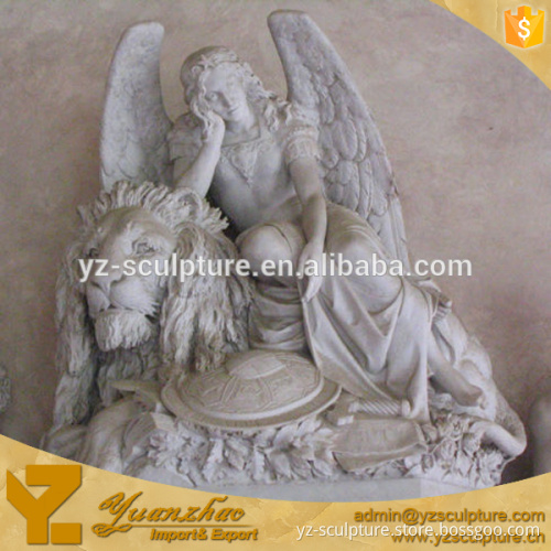 Marble Carving Angel Sitting on Marble Lion Sculptures for garden decoration